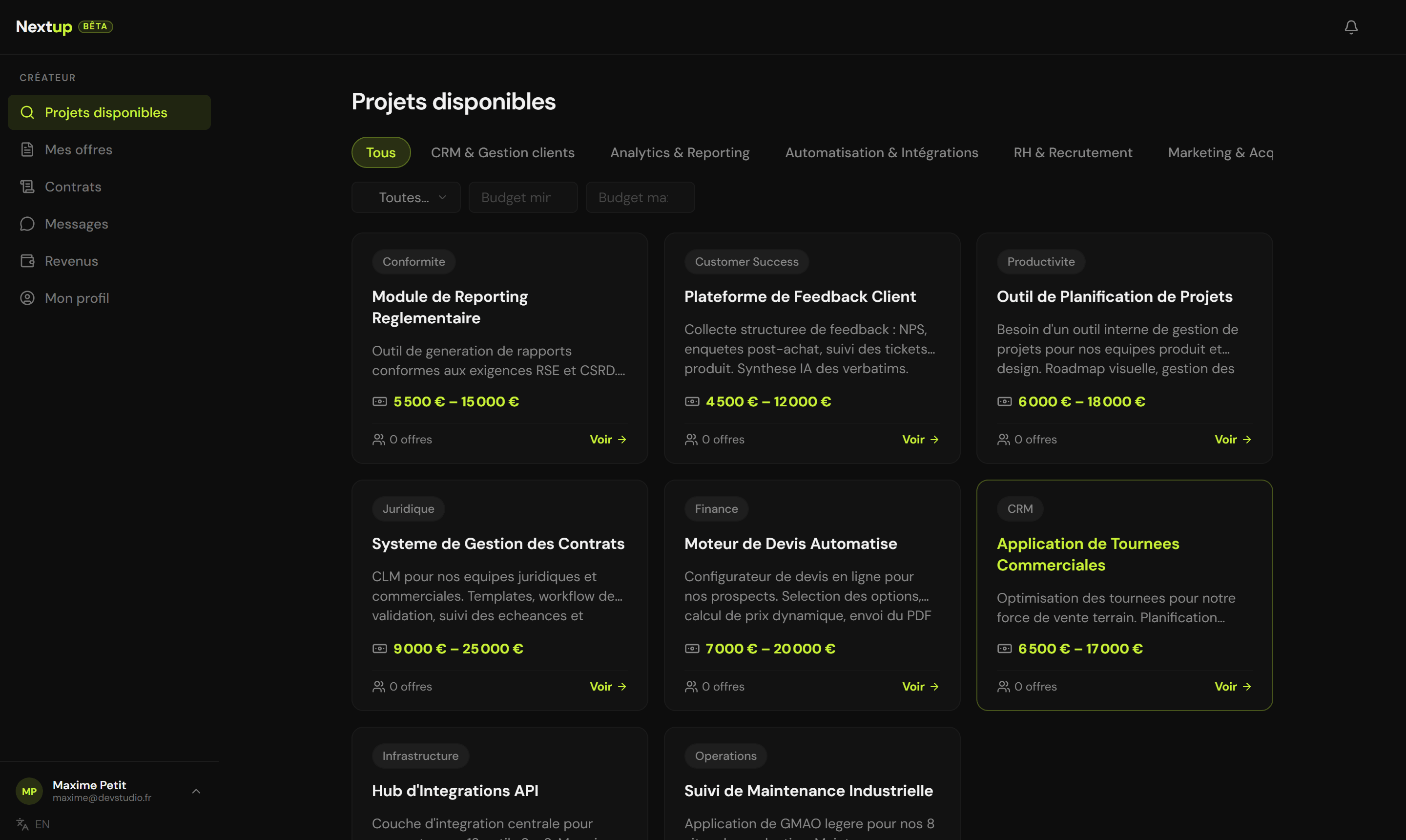 Feed des projets disponibles pour les créateurs
